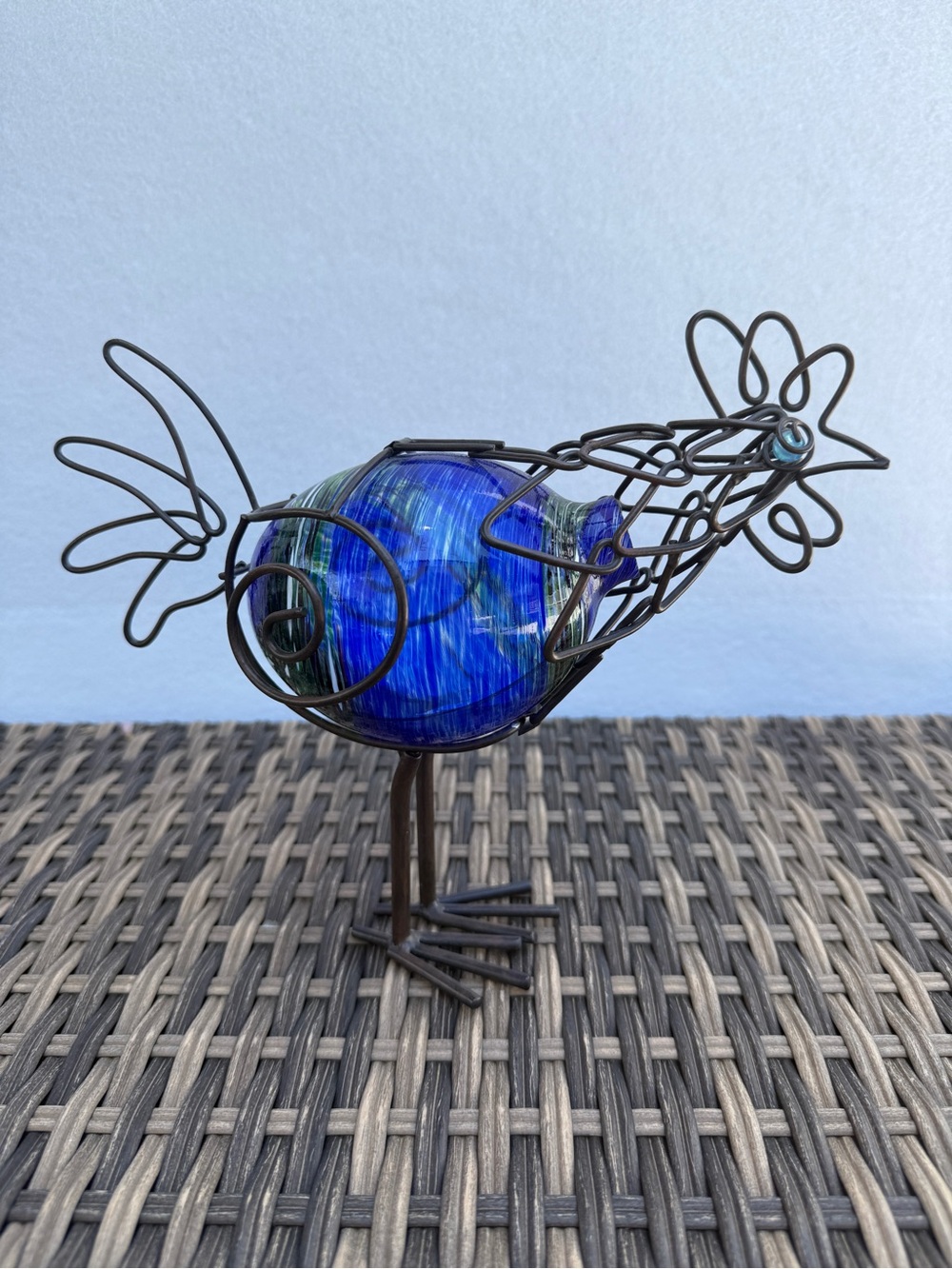 Hand Blown Art Glass Bird Sculpture Blue Wire Metal Figurine Decor